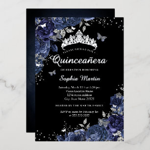 Invitation En Aluminium Papillon argenté Floral Navy Quinceanera noir