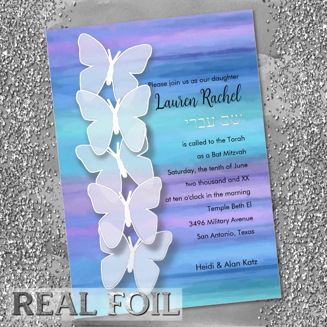 Invitation En Aluminium Papillon bat mitzvah Turquoise Purple Aquarelle (Créateur téléchargé)