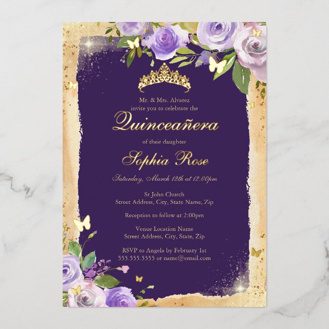 Invitation En Aluminium Papillon bleu Rose Floral Quinceanera (Recto)