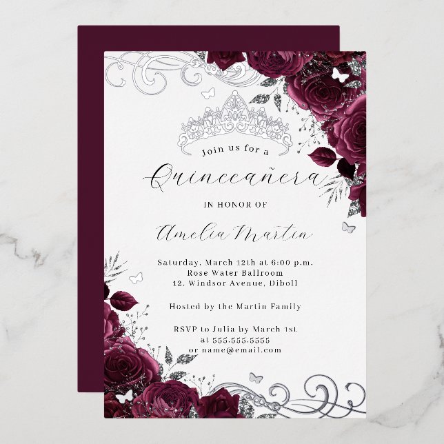 Invitation En Aluminium Papillon Bourgogne Argent Floral Quinceanera (Recto/Verso)