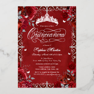 Invitation En Aluminium Papillon d'Argent Rouge Royal Rose Quinceanera