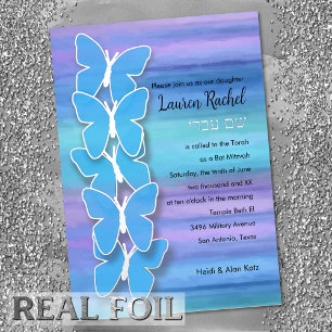 Invitation En Aluminium Papillon de Bat Mitsva Turquoise Violet Aquarelle