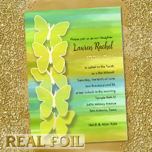 Invitation En Aluminium Papillon de Bat Mitzvah Aquarelle Bleu Vert Jaune