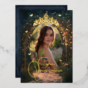 Invitation En Aluminium Papillon de jardin doré floral Photo Quinceanera