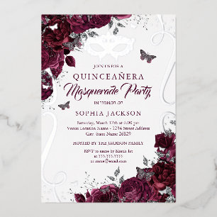 Invitation En Aluminium Papillon de Mascarade Argent Bourgogne Quinceanera