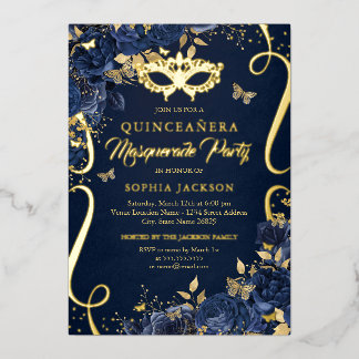 Invitation En Aluminium Papillon de Mascarade Royal Navy Quinceanera