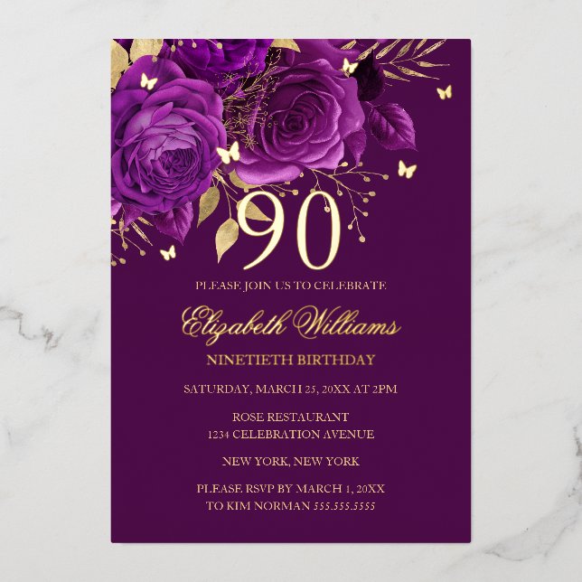Invitation En Aluminium Papillon de Rose Or Pourpre 90e Anniversaire  (Recto)