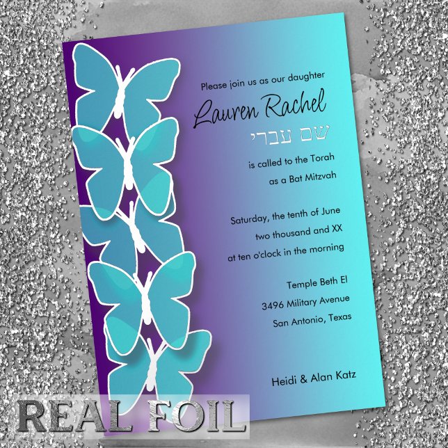 Invitation En Aluminium Papillon Dimensional bat mitzvah Turquoise violet (Créateur téléchargé)