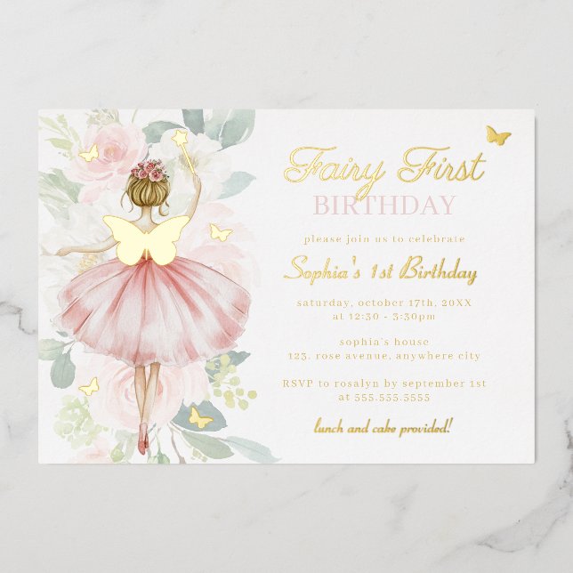 Invitation En Aluminium Papillon d'or Fée premier 1er anniversaire (Recto)