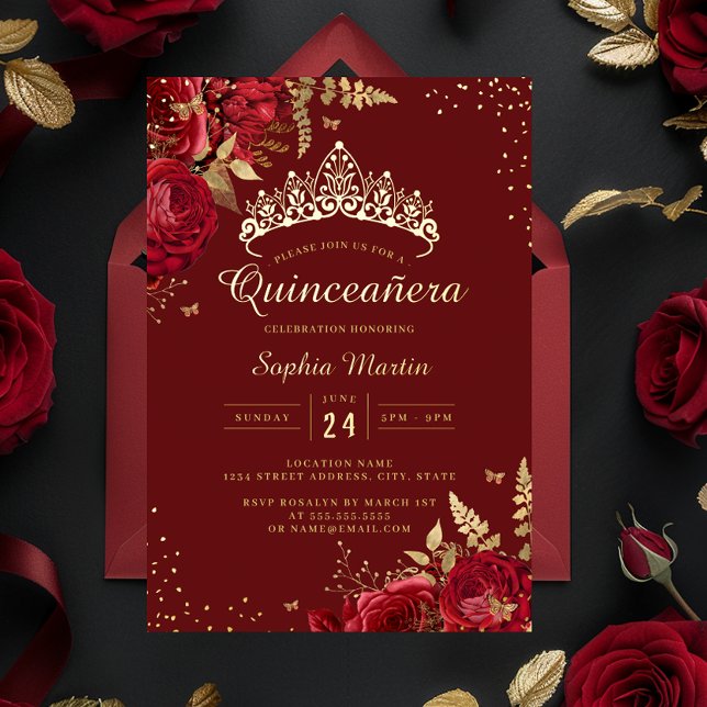 Invitation En Aluminium Papillon d'or Rouge Floral Rose Quinceanera (Créateur téléchargé)