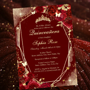 Invitation En Aluminium Papillon d'Or Rouge Quinceanera Floral
