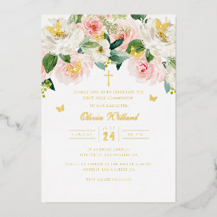Invitation En Aluminium Papillon doré filles roses première communion foil