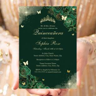 Invitation En Aluminium Papillon Émeraude Doré Fleur Quinceanera