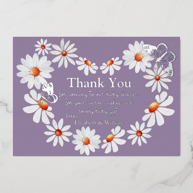 Invitation En Aluminium Papillon en feuille et marguerite aquarelle Merci (Recto)