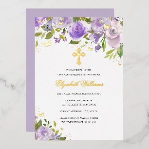 Invitation En Aluminium Papillon en or violet Fleur Fille Baptême