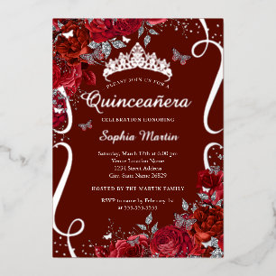 Invitation En Aluminium Papillon Floral Argent Rouge Elégant Quinceanera