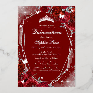 Invitation En Aluminium Papillon Floral Argent Rouge Quinceanera