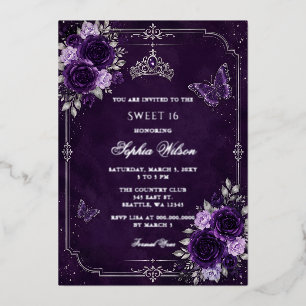 Invitation En Aluminium Papillon floral argent violet Sweet 16