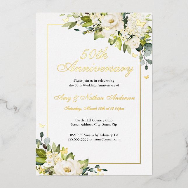 Invitation En Aluminium Papillon floral blanc 50e anniversaire Mariage (Recto)
