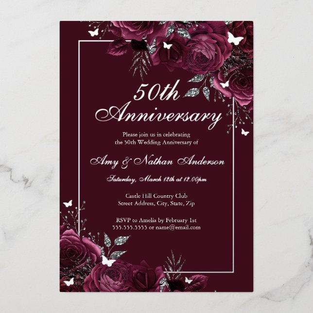 Invitation En Aluminium Papillon floral Bourgogne 50e anniversaire de Mari (Recto)