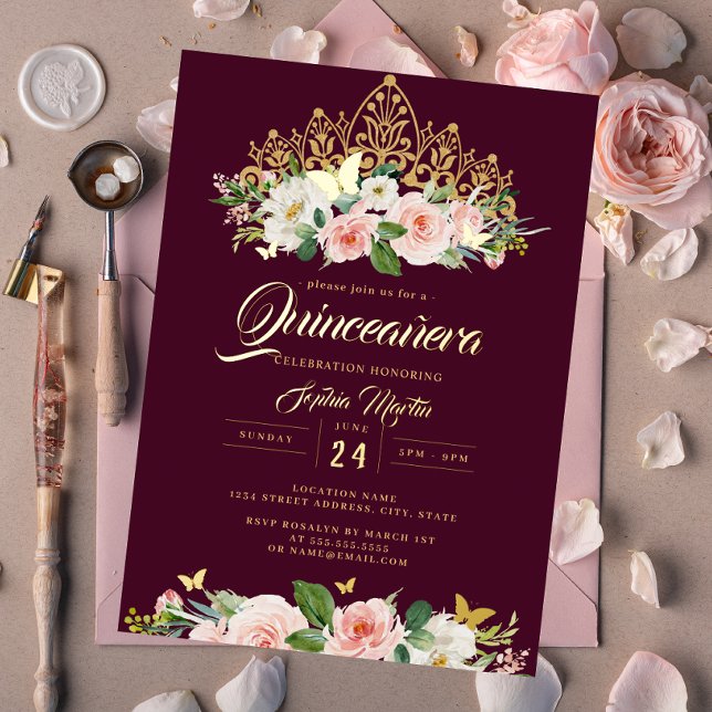 Invitation En Aluminium Papillon floral Bourgogne rousse Tiara Quinceanera (Créateur téléchargé)