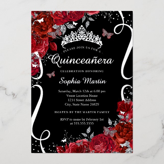 Invitation En Aluminium Papillon floral d'argent noir rouge Quinceanera (Recto)