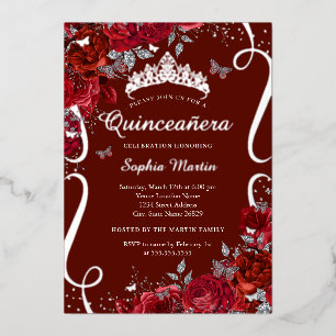 Invitation En Aluminium Papillon floral d'argent rouge Élégant Quinceanera