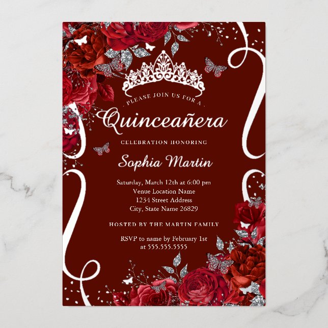 Invitation En Aluminium Papillon floral d'argent rouge Élégant Quinceanera (Recto)