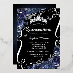 Invitation En Aluminium Papillon Floral Défilant Quinceanera Noir Navy