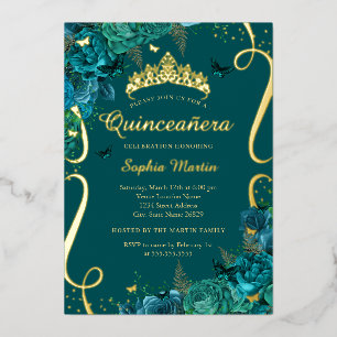 Invitation En Aluminium Papillon Floral Doré Sarcelle Elégant Quinceanera