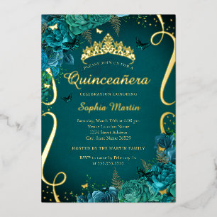 Invitation En Aluminium Papillon Floral Doré Vibrant Sarcelle Quinceanera