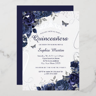 Invitation En Aluminium Papillon Floral Élégant Quinceanera Navy
