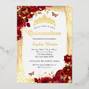 Invitation En Aluminium Papillon Floral Élégant Quinceanera Or Rouge