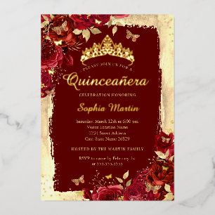 Invitation En Aluminium Papillon Floral Élégant Quinceanera Rouge Or