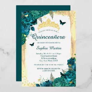 Invitation En Aluminium Papillon Floral Élégant Sarcelle Or Quinceanera 