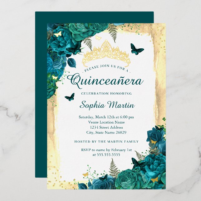Invitation En Aluminium Papillon Floral Élégant Sarcelle Or Quinceanera  (Recto/Verso)