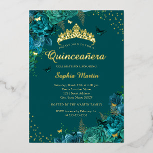 Invitation En Aluminium Papillon floral élégant sarcelle Quinceanera