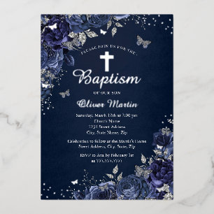 Invitation En Aluminium Papillon floral Garçon Argent Marine Baptême bleu