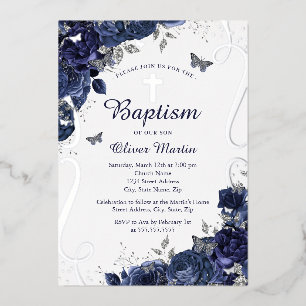 Invitation En Aluminium Papillon floral marine Baptême garçon