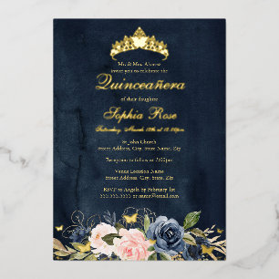 Invitation En Aluminium Papillon Floral Marine Rose Quinceanera