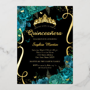 Invitation En Aluminium Papillon Floral Noir Sarcelle Élégant Quinceanera