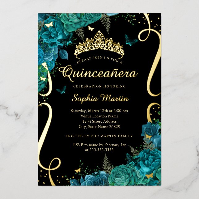 Invitation En Aluminium Papillon floral noir turquoise Élégant Quinceanera (Recto)