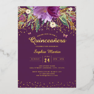 Invitation En Aluminium Papillon floral pourpre d'or Quinceanera