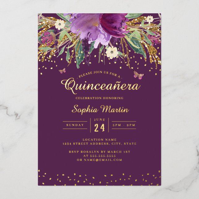 Invitation En Aluminium Papillon floral pourpre d'or Quinceanera (Recto)