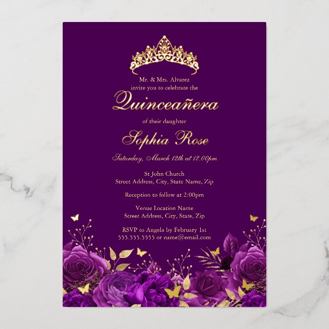 Invitation En Aluminium Papillon floral pourpre Tiara Quinceanera (Recto)