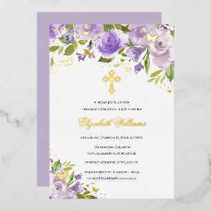 Invitation En Aluminium Papillon Floral Purple Gold Girl Baptême