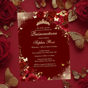 Invitation En Aluminium Papillon floral Quinceanera or rouge et or