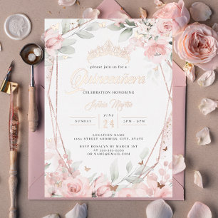 Invitation En Aluminium Papillon floral rose gold rose Quinceanera