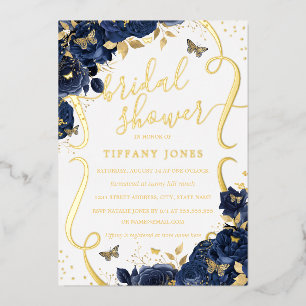 Invitation En Aluminium Papillon Floral Rose Navy Or Doré pour la Mariée