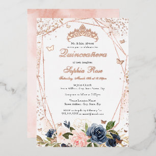 Invitation En Aluminium Papillon Floral Rose Navy Quinceanera